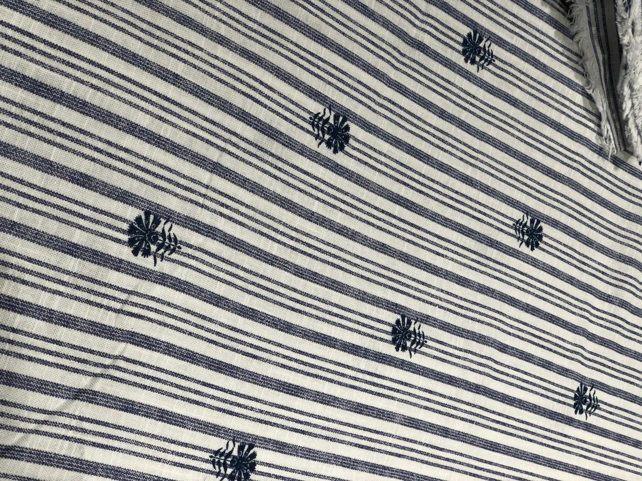 100% Linen stripe fabric [navy /white stripes]with navy color floral motif embroidery [17707]