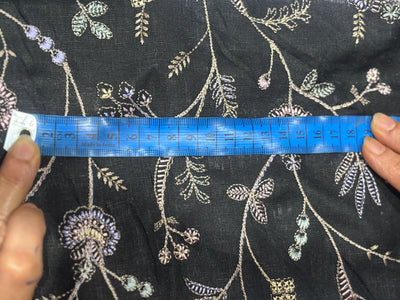 100% Linen Embroidery  black with lilac and pink floral embroidery [17271]