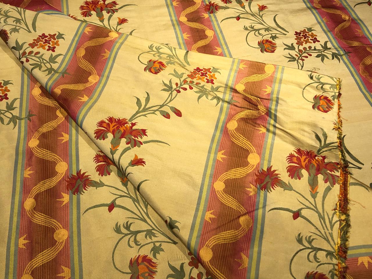 100% Silk Taffeta Jacquard Fabric golden brown  with red orange floral jacquard and stripes  54" wide TAFJACNEW24