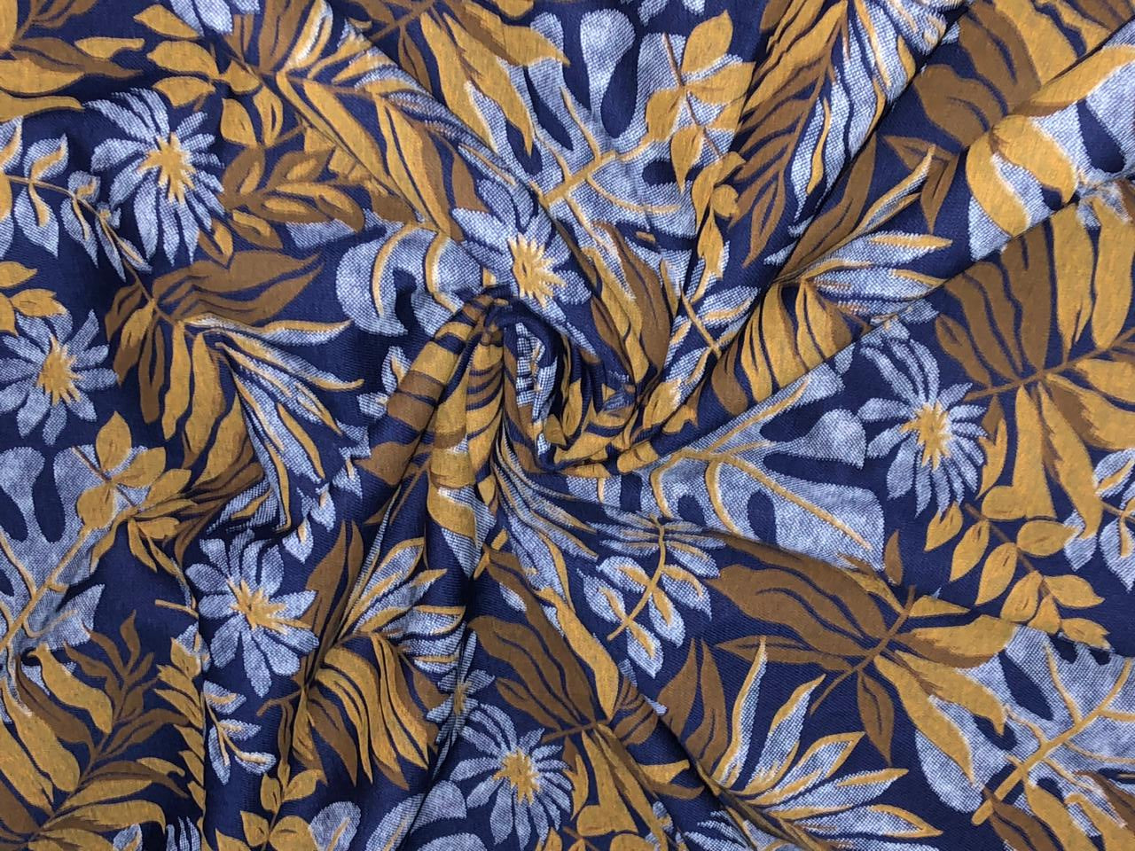 100% Cotton Denim  Fabric 58" wide JUNGLE LEAVES BLUE AND BROWN [16513]