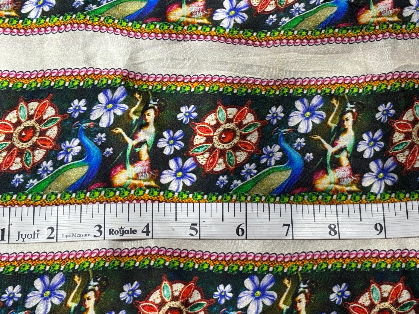 100% Pure Silk Satin 90 Grams Printed stripes of Indian classical dance with peacocks  44"Wide  Fabric [17792]