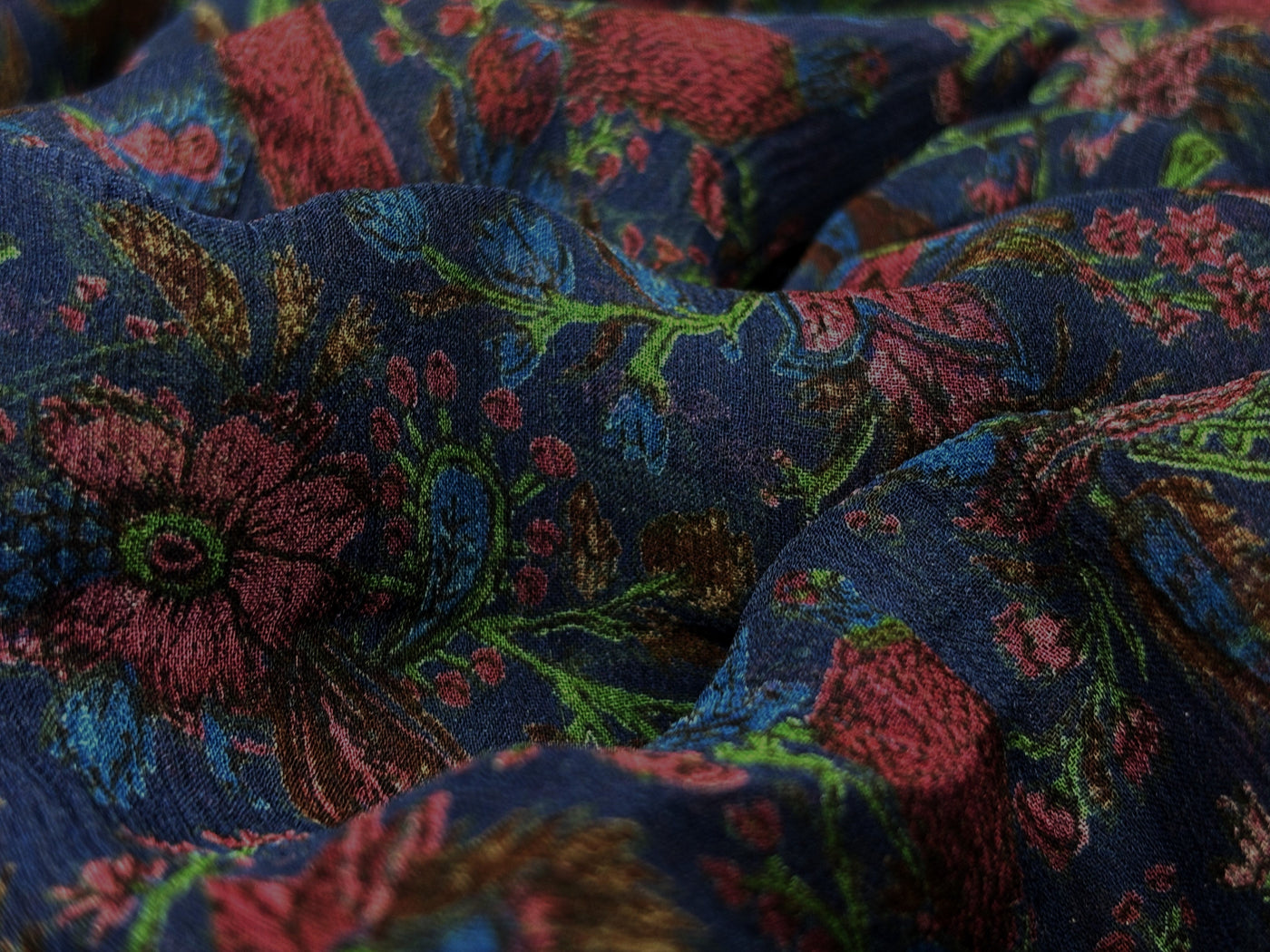Silk chiffon printed  fabric deep ink blue  Color with red and green floral Print 44" wide [17793]