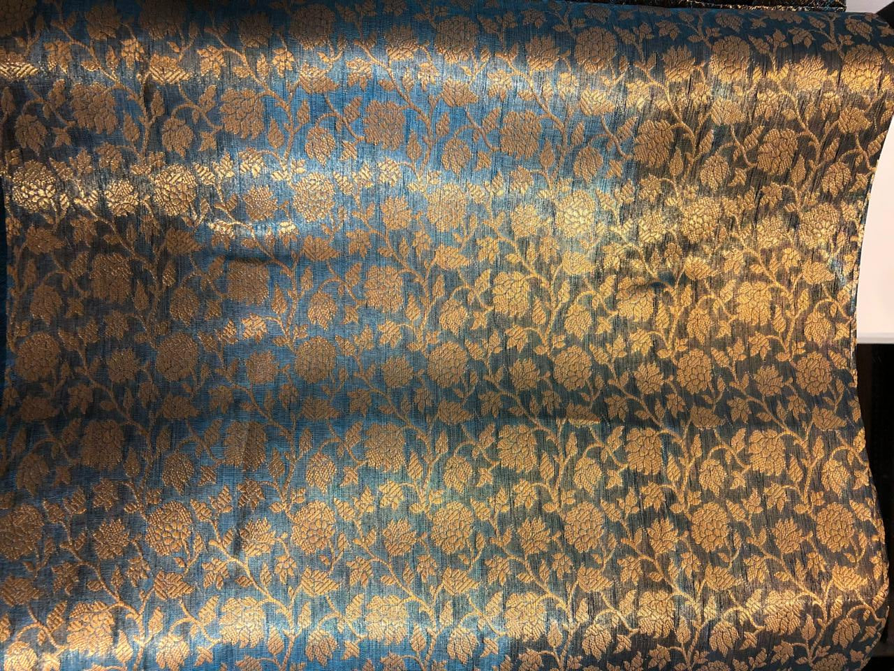 Silk Brocade fabric 44" teal blue floral jacquard BRO1068[3]