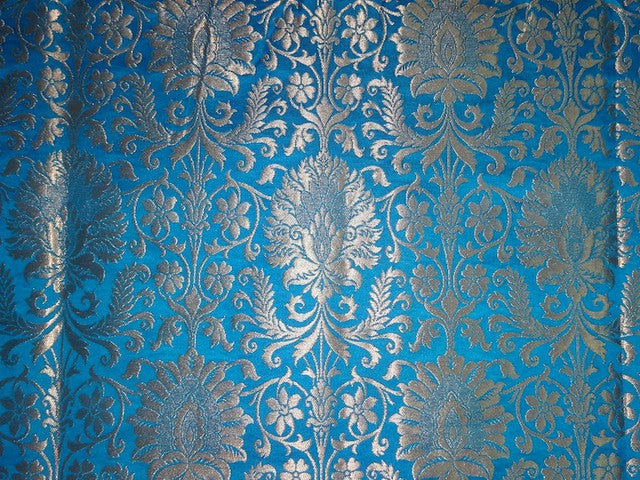 Pure Heavy Silk Brocade Fabric Blue & Metallic Gold color 44" wide BRO336[3]