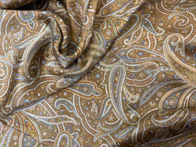 100% Pure Silk 80 grams satin printed 44"wide fabric shades of brown, mustard and grey PAISLEY PRINT [18431]