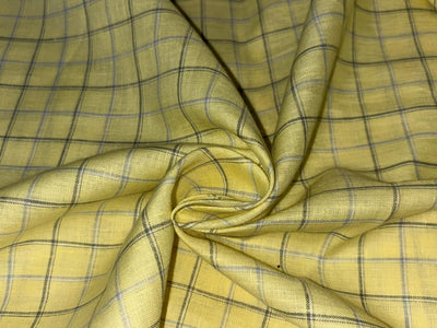 100% Linen stripe 60's Lea Fabric 58" wide lemon yellow and blue plaids[17192]