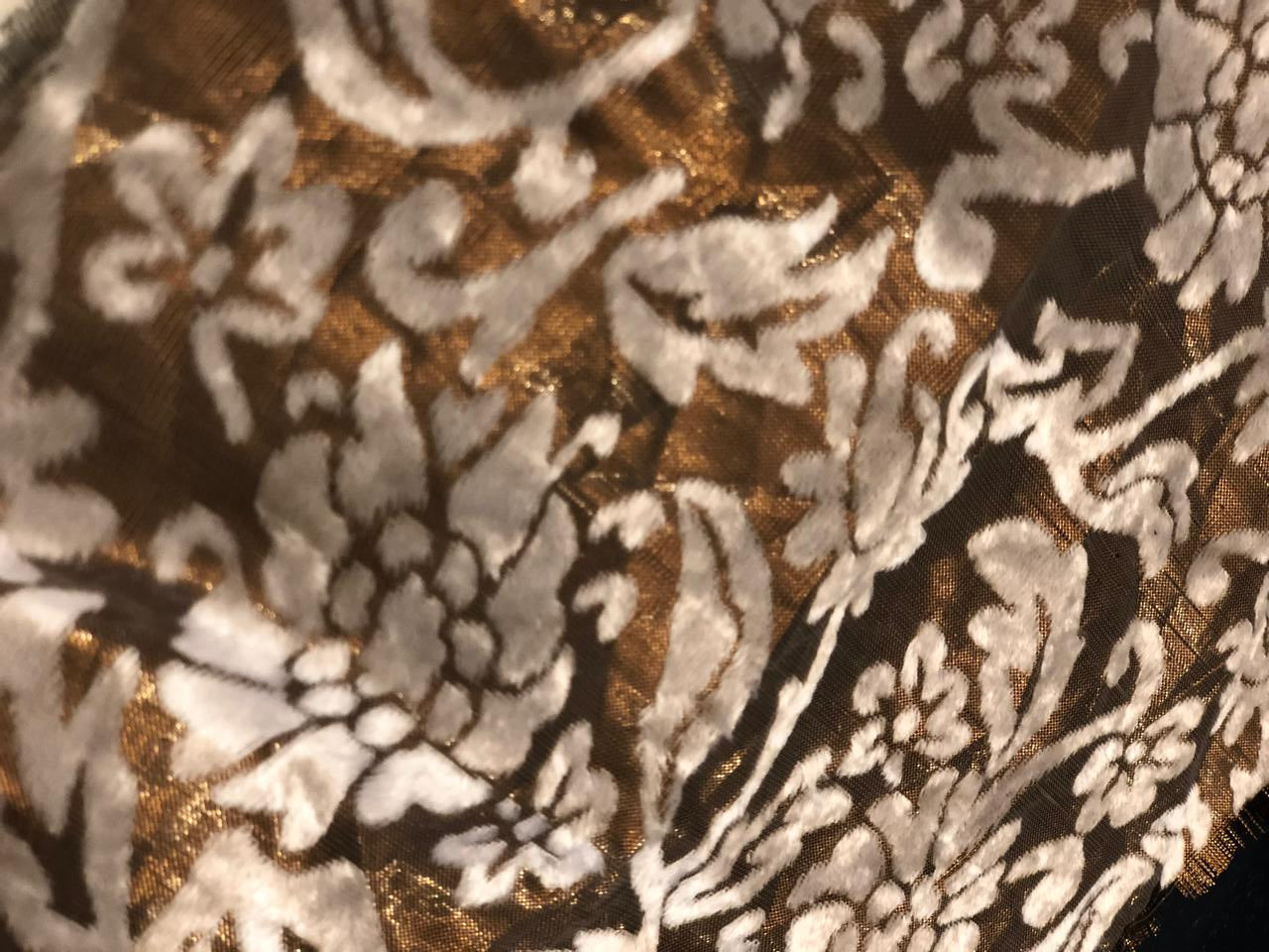 White Devore Viscose Burnout Velvet fabric 44" wide antique gold available in 2 designs floral & swirl motifs [18313/14]