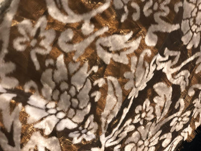 White Devore Viscose Burnout Velvet fabric 44" wide antique gold available in 2 designs floral & swirl motifs [18313/14]
