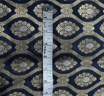 Silk Brocade fabric 44" dark navy with silver and gold metallic jacquard  motif BRO1055[1]