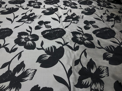 100% silk Dupion fabric brushed  gold with black floral print 54" wide DUPPRT42