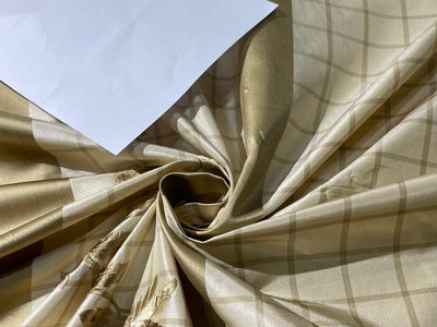 100% Silk Taffeta  Fabric  CREAM AND GOLD PLAIDS WITH GOLD EMBROIDERED  LEAVES TAFE24