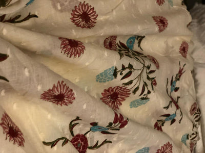 100% cotton mull fabric ivory dobby and floral motifs [18690]