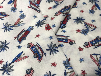 100% Cotton Linen  56" wide resort wear palm, surf board ,car  print [17289]