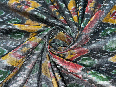 100% pure silk dupion ikat fabric black maroon x green color 44" wide [8374]