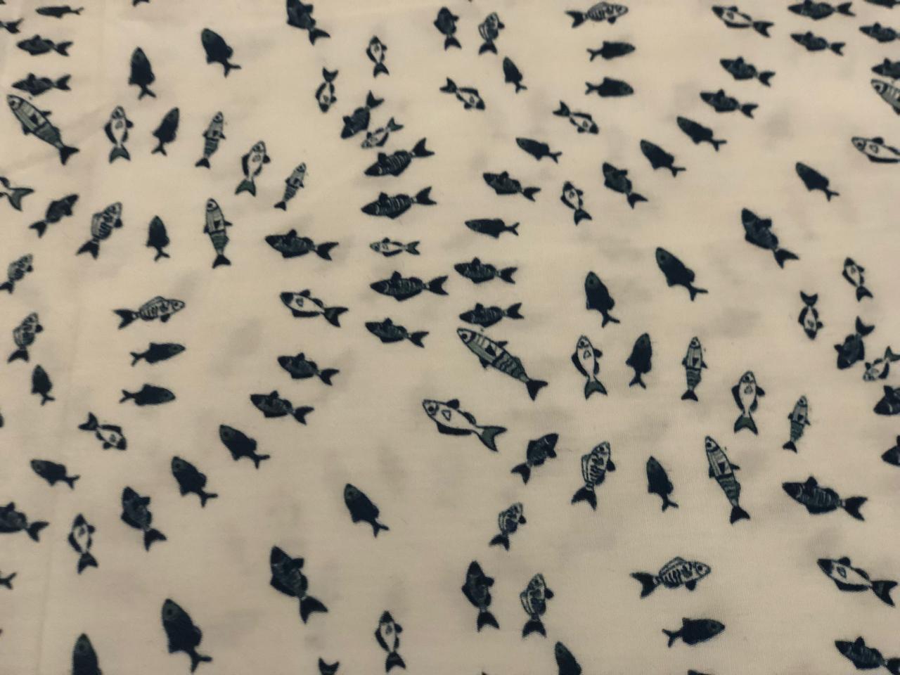 100% Cotton Poplin white with ceramic blue tiny fish all over  [18689]