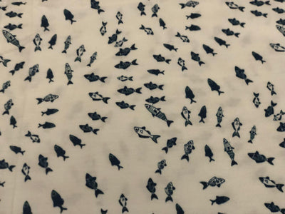 100% Cotton Poplin white with ceramic blue tiny fish all over  [18689]