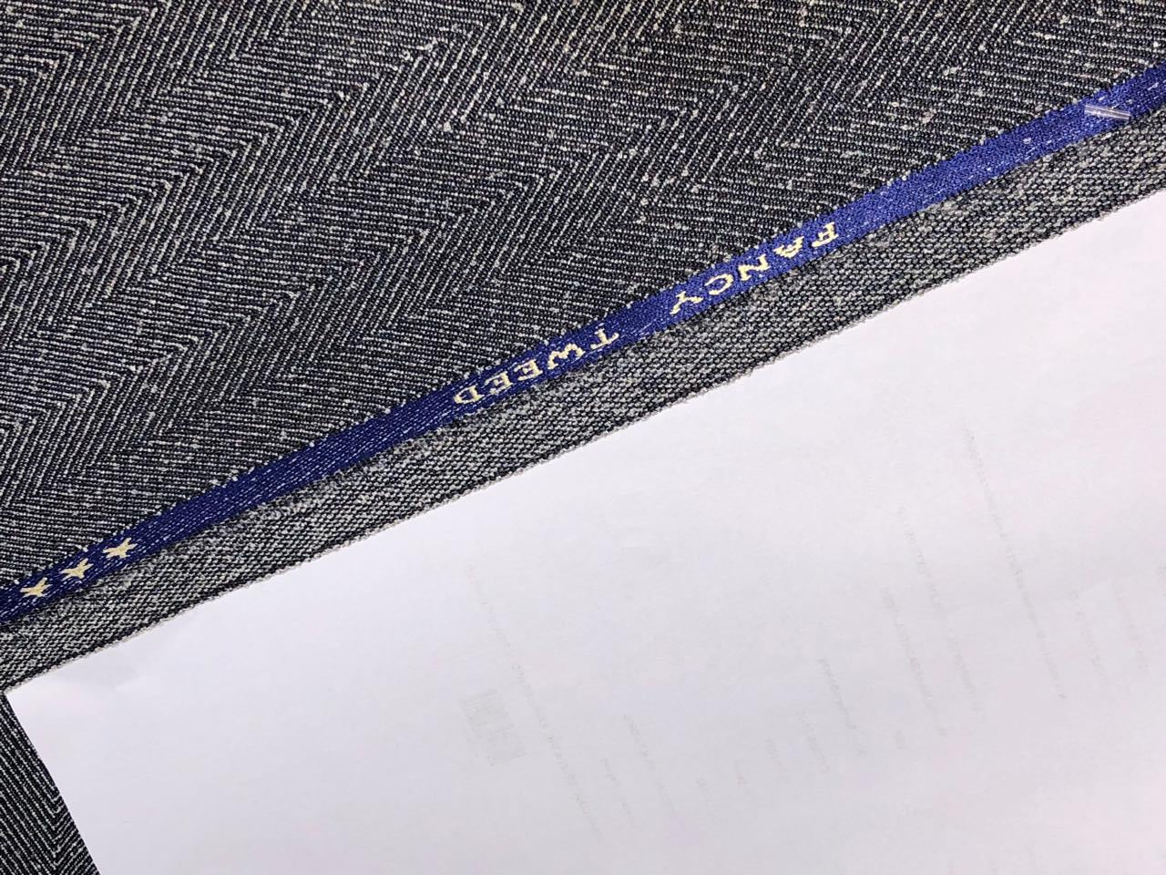 TWEED FANCY Suiting Fabric NAVY AND WHITE ZIG ZAG LINES single length of 2 yards  [16582]