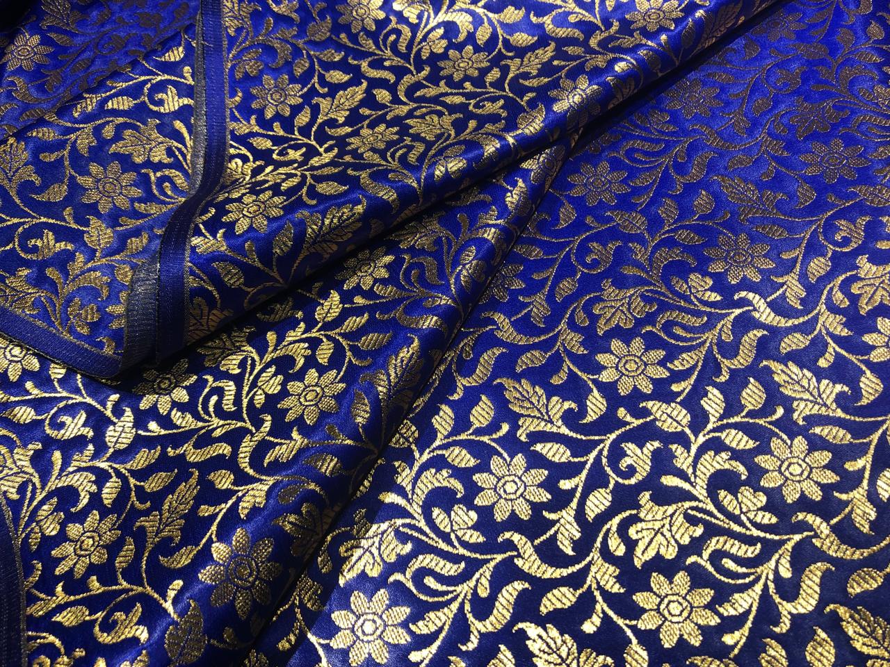 Silk Brocade fabric 44" and metallic gold floral jacquard available in 2 colors royal blue and green BRO1048