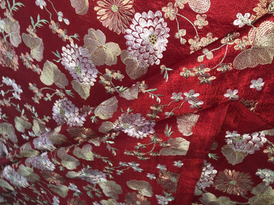 100% Silk dupioni EMBROIDERY 44" WIDE red color with pink and green floral embroidery and subtle metallic gold DUPE70