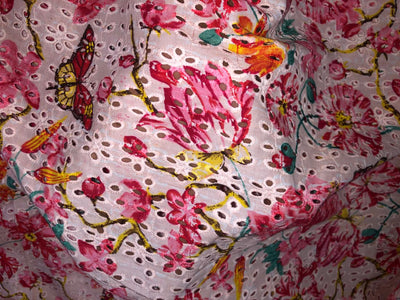 100% Cotton white with pink floral printed and hakoba embroidered fabric  58 inches wide 147 cms. [17304]