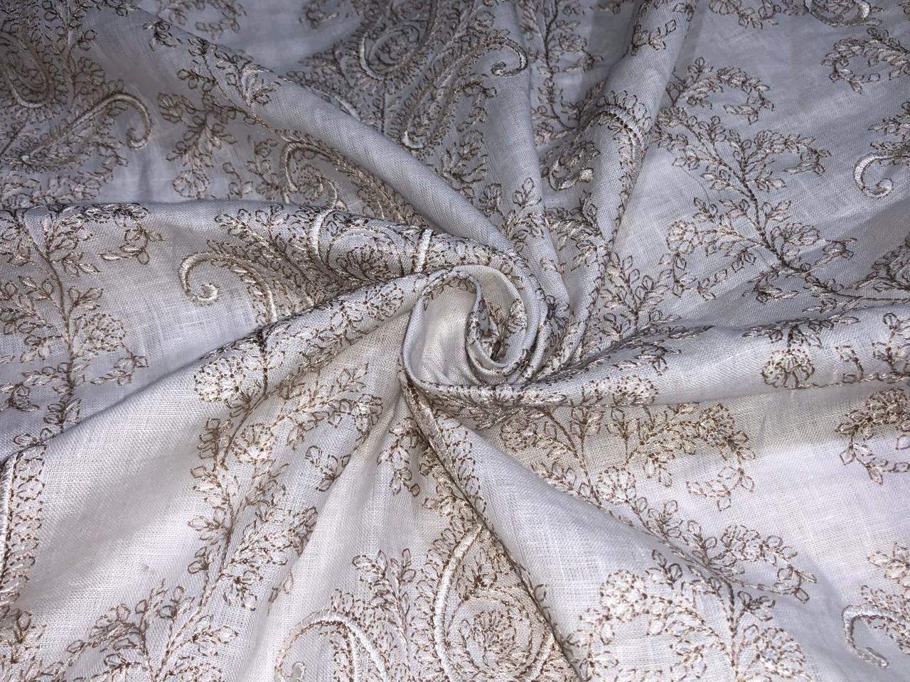 100% Linen  Kashmiri Embroidery available in 3 colors ivory with pink paisleys ,camel with navy paisley and ivory with beige paisley