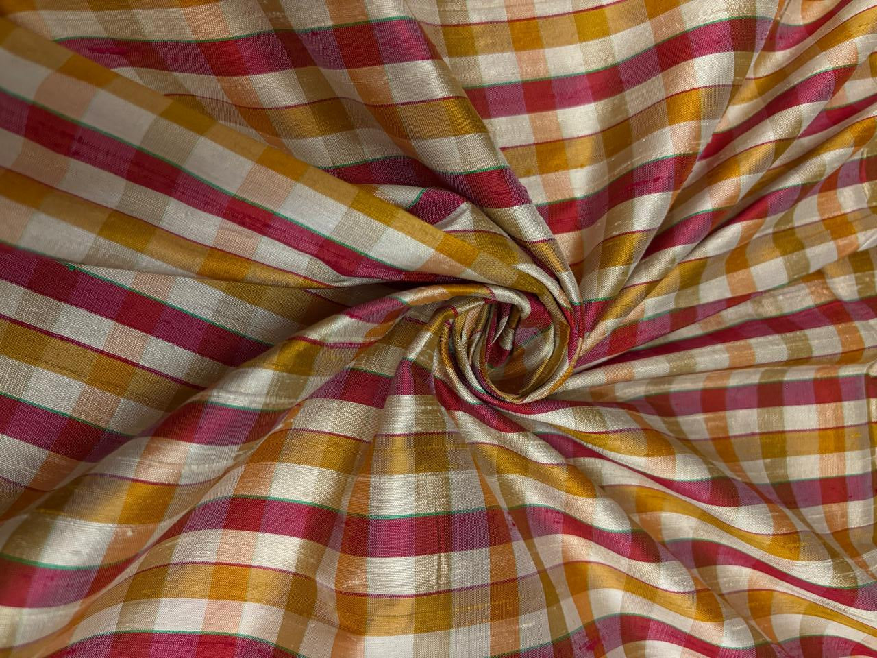 100% silk dupion  red ,pink, mustard, gold ,ivory Plaids fabric 44" DUPNEWC32[1]