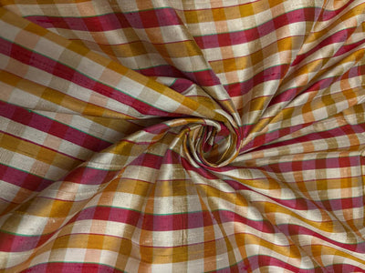 100% silk dupion  red ,pink, mustard, gold ,ivory Plaids fabric 44" DUPNEWC32[1]