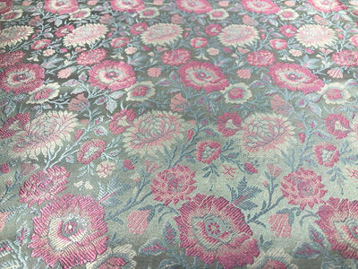 Silk Brocade fabric 44"  green sheen, silver ,blue and pink floral  jacquard BRO1050[1]