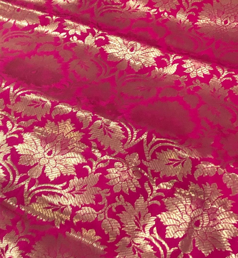 Silk Brocade fabric bright pink with white gold floral jacquard 44" BRO1063[1]
