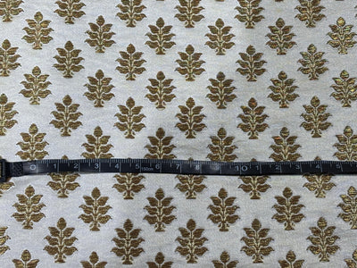 Silk Brocade fabric 44" dark ivory with antique gold jacquard motifs available in 2 designs leaf and paisley BRO1053