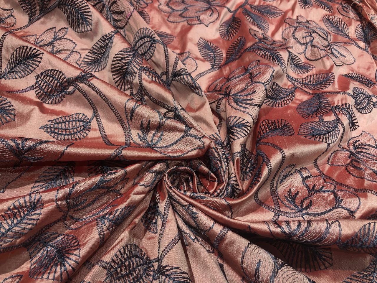 100% Silk dupioni peach with grey and brown floral [17232]