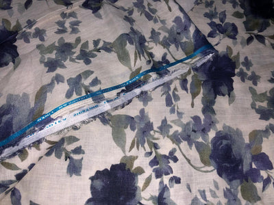 70's lea  pure linen fabric 44 inch wide grey and blue floral print [17649]