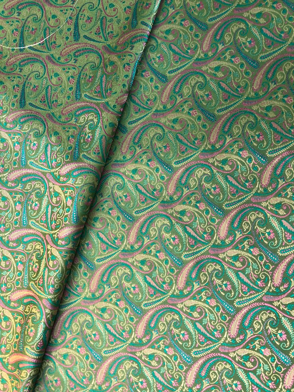 Silk Brocade fabric multi color paisleys available in 4 colors red , green , minty olive and silver BRO1089