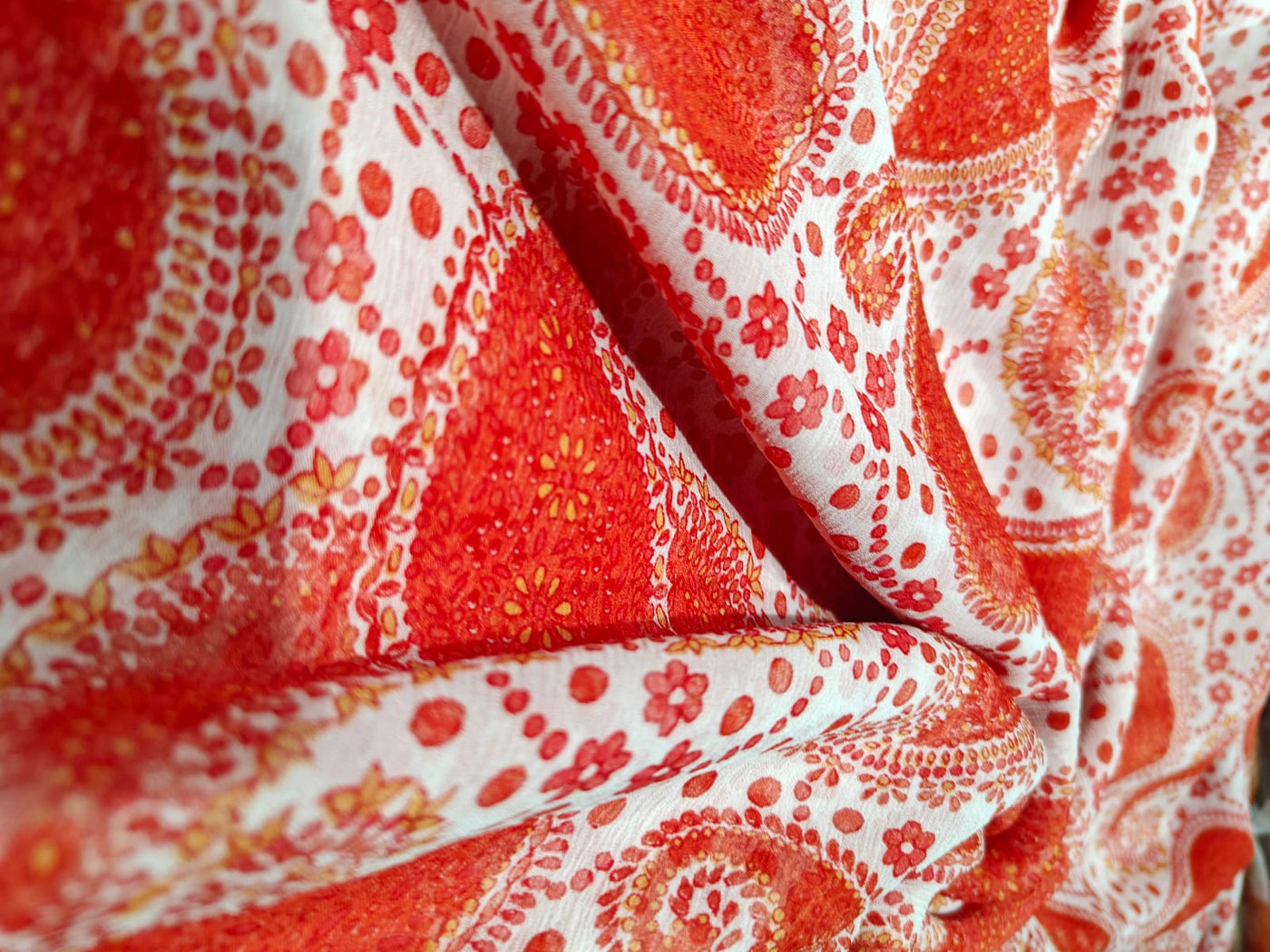 Silk chiffon printed  fabric  orange paisley  44" wide [17041]