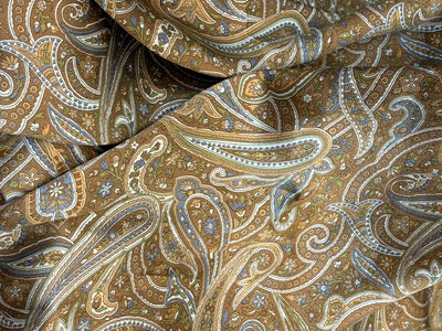 100% Pure Silk 80 grams satin printed 44"wide fabric shades of brown, mustard and grey PAISLEY PRINT [18431]