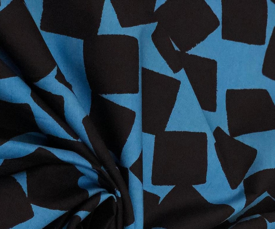 100% Cotton turquoise Blue with black geometric square print 58" wide [18622]