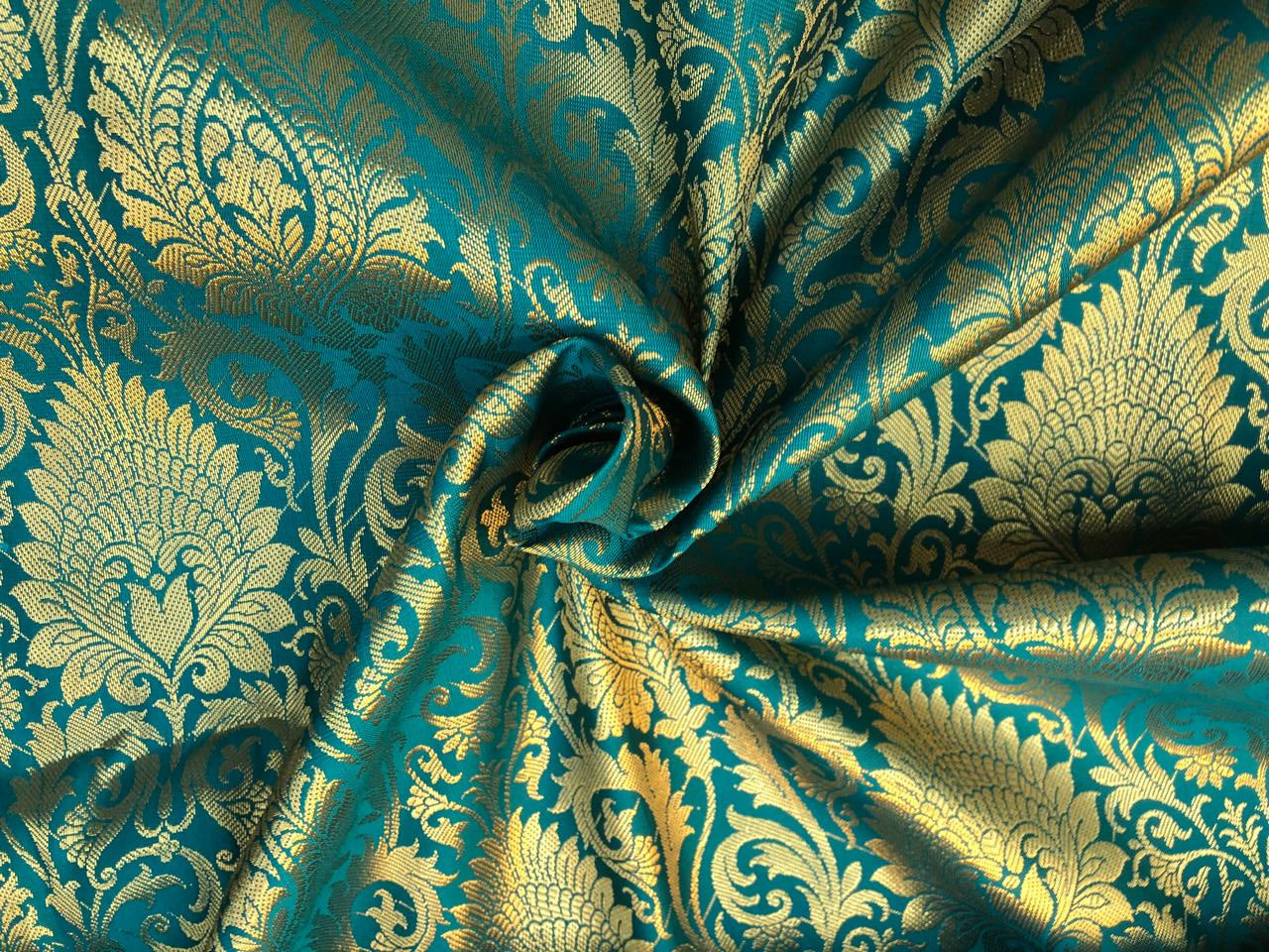 Silk Brocade fabric teal with gold metallic  jacquard 44" wide [BRO1097[2]