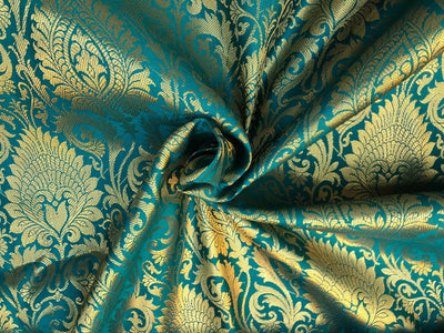 Silk Brocade fabric teal with gold metallic  jacquard 44" wide [BRO1097[2]