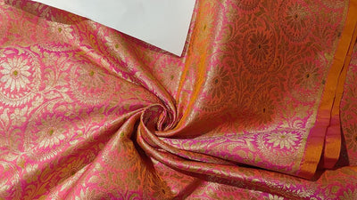 Silk Brocade Fabric  jacquard 44" wide  BRO974A available in 3 colors peacock green/deep olive and pink x orange