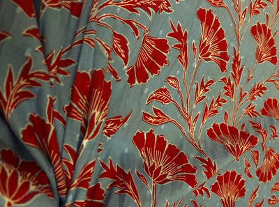 100% cotton mull fabric blue with dainty red flowers dobby [18691]