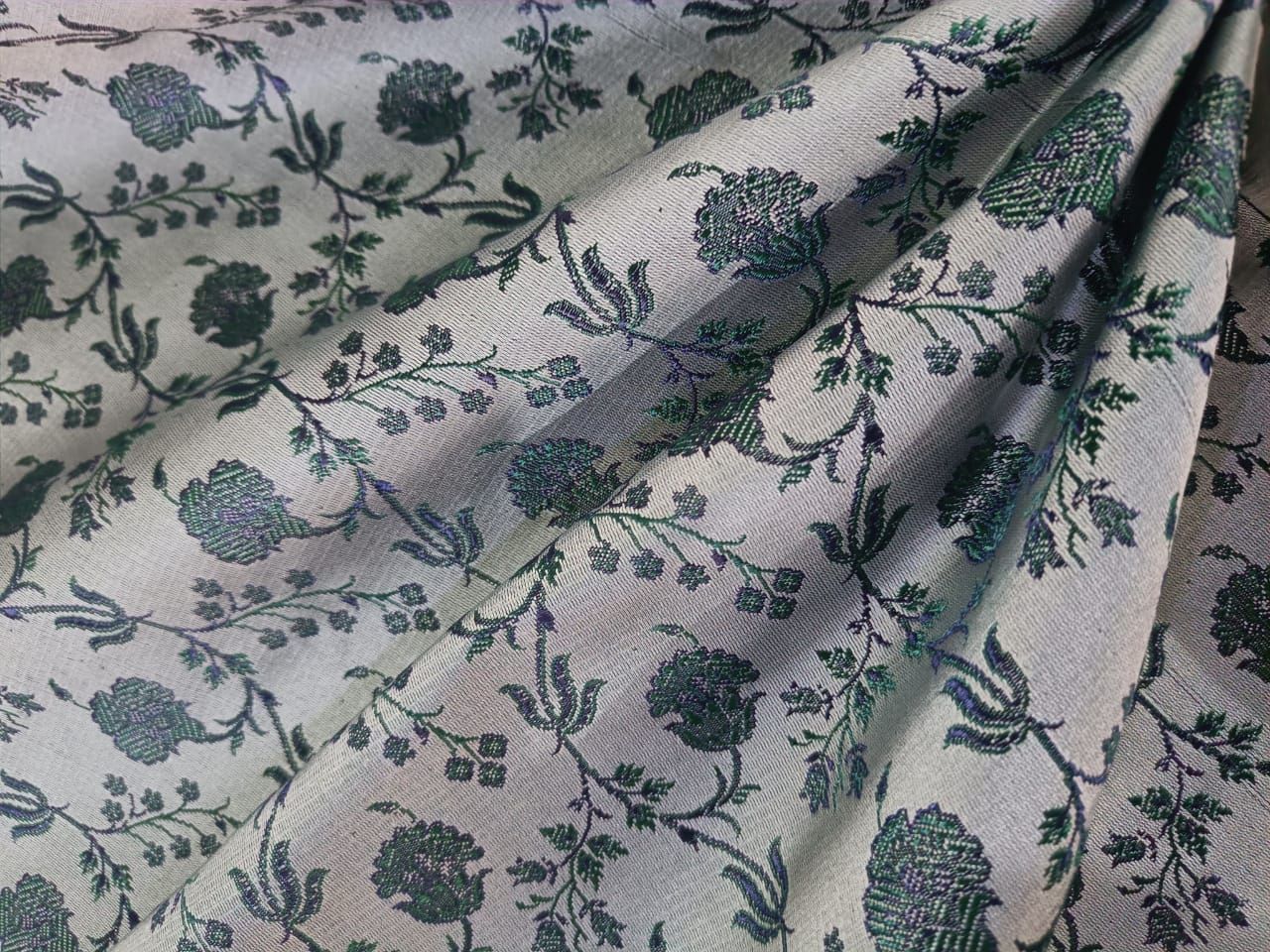 Silk Brocade fabric silver grey with blue green floral jacquard 44" wide BRO160[2]