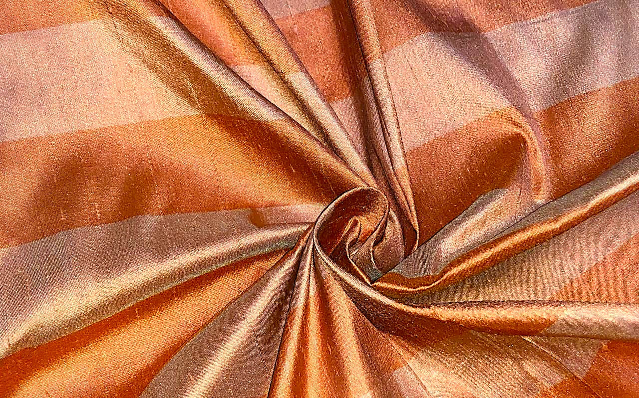 100% SILK Dupioni FABRIC Shades of Orange color Stripes 44" wide DUPS27