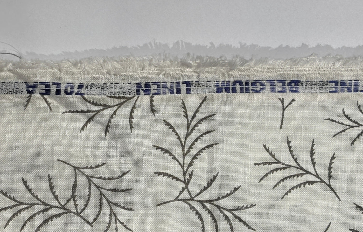 Linen 70's lea  pure linen fabric 58 inch wide white and grey leaf motif  print [17682]