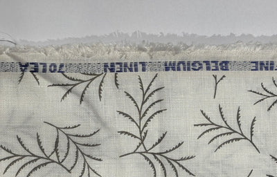Linen 70's lea  pure linen fabric 58 inch wide white and grey leaf motif  print [17682]