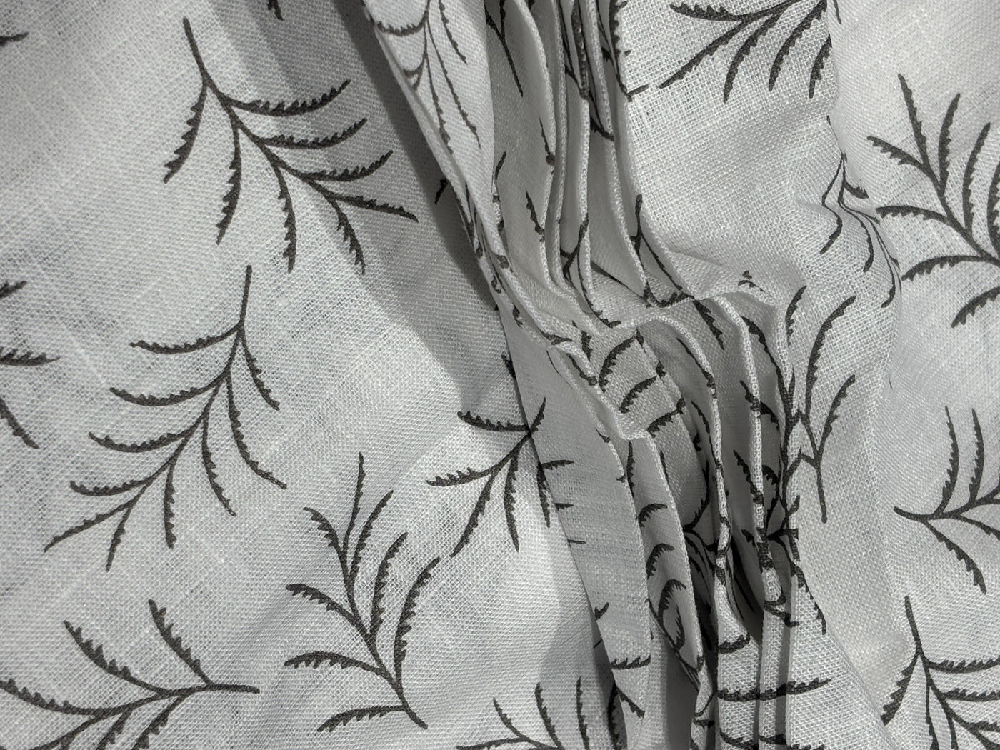 Linen 70's lea  pure linen fabric 58 inch wide white and grey leaf motif  print [17682]