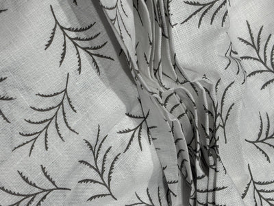 Linen 70's lea  pure linen fabric 58 inch wide white and grey leaf motif  print [17682]