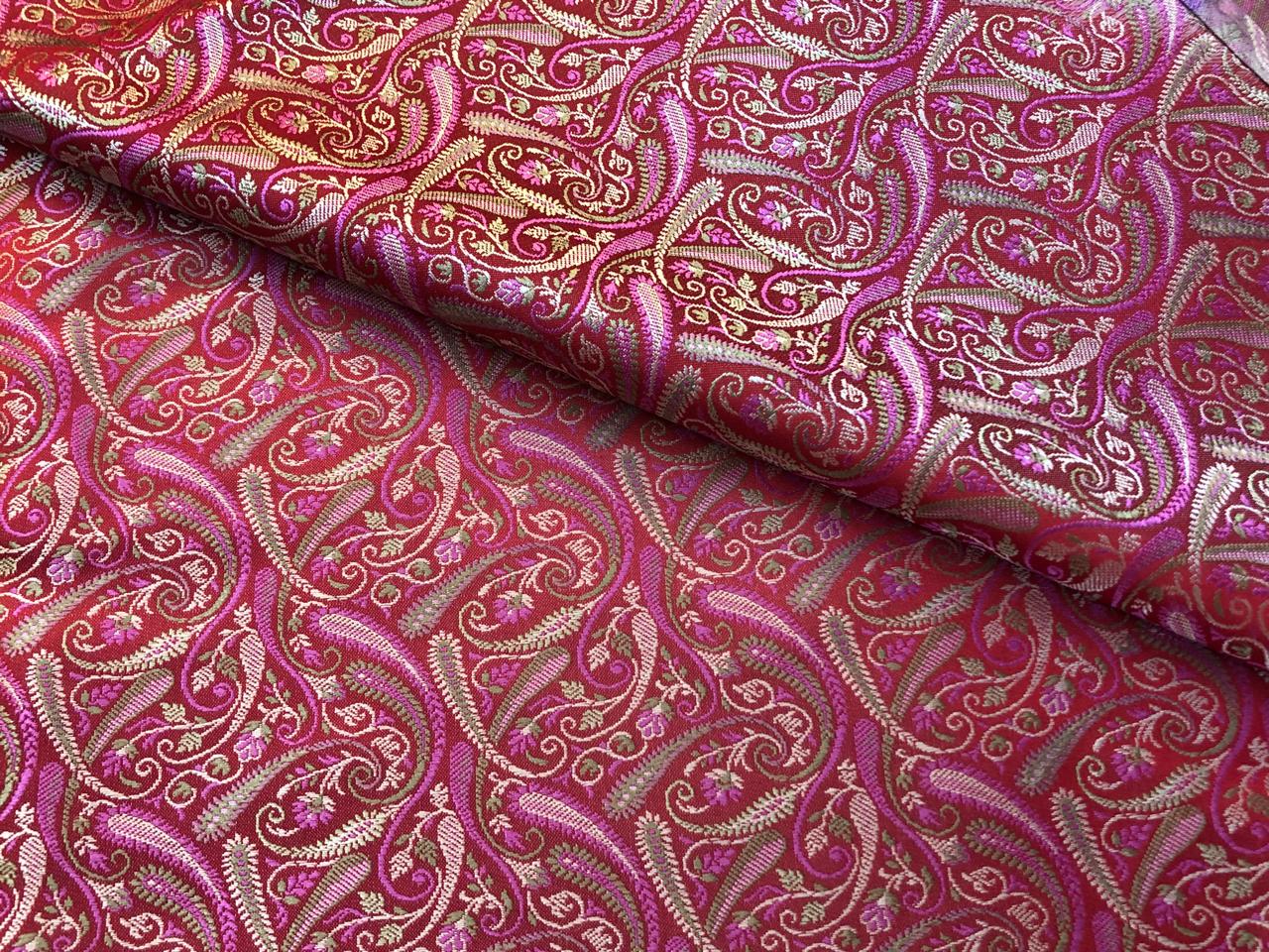 Silk Brocade fabric multi color paisleys available in 4 colors red , green , minty olive and silver BRO1089