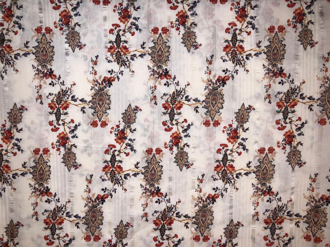 100% Viscose sateen stripe dobby print white ivory with red and gold flowers  - 58" Wide [18361]