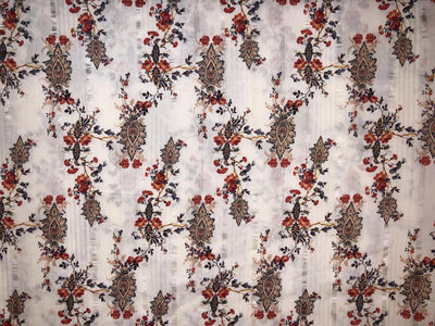 100% Viscose sateen stripe dobby print white ivory with red and gold flowers  - 58" Wide [18361]