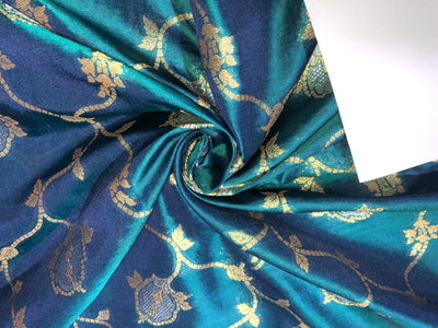 Brocade Fabric PEACOCK BLUE  Jacquard x metallic gold and silver   Color 44" WIDE BRO982[3]